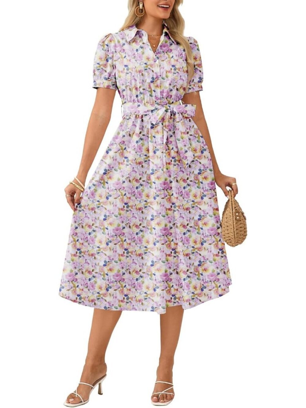 Women's Summer Pink Yellow Midi Dress Puff Sleeve Shirt Dress Floral with Pocket